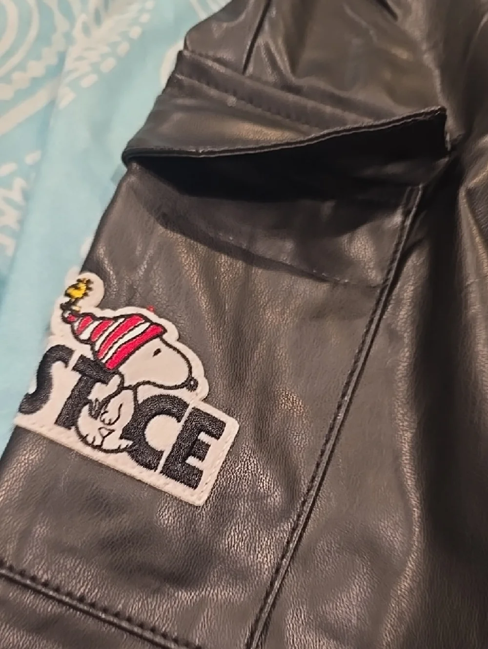 New Black Faux Leather Cargo Pants with Patch Detail Snoopy